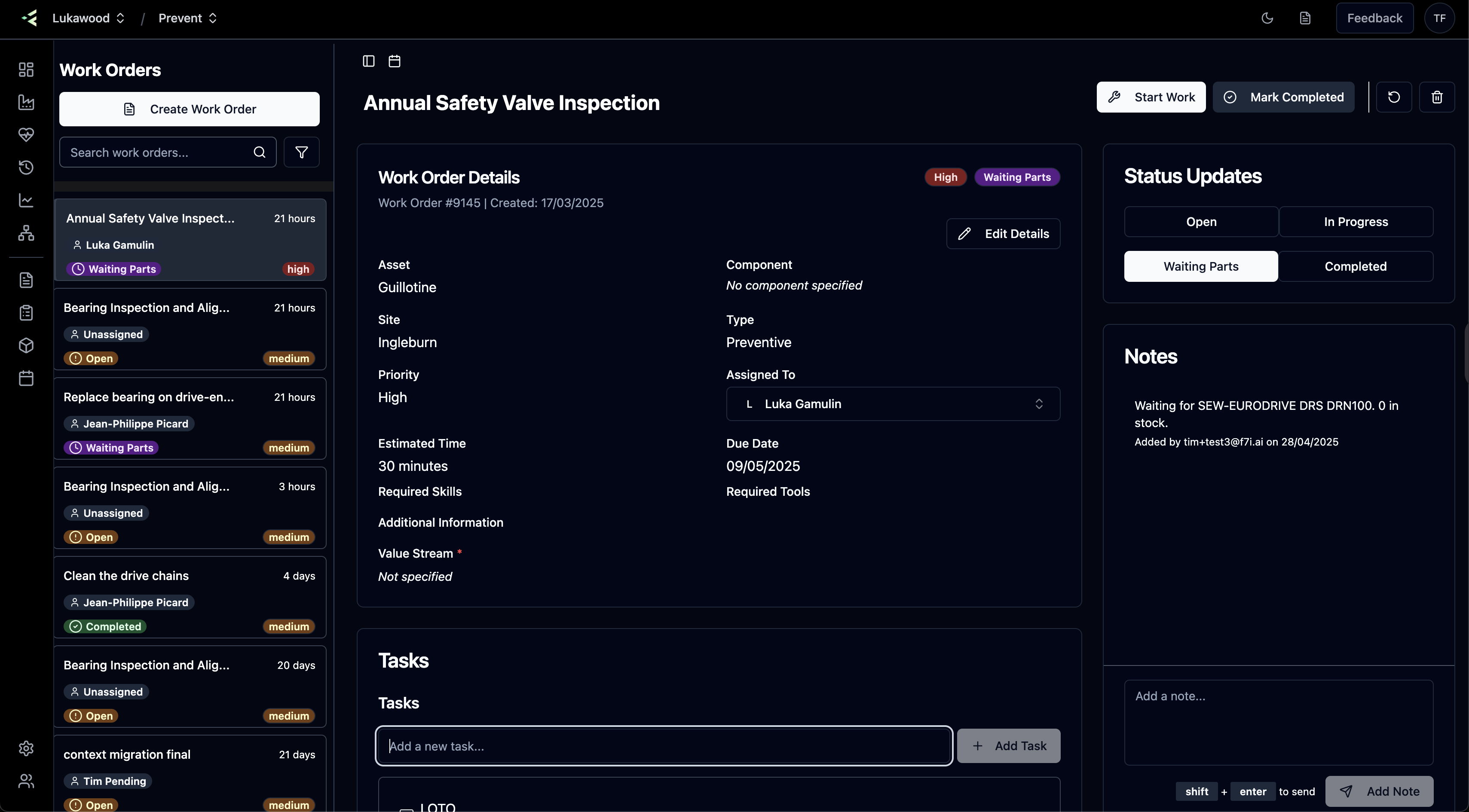 Prevent work order management interface
